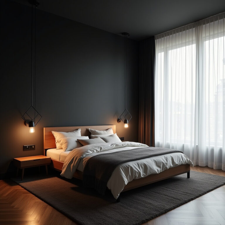 black accent wall bedroom with wood headboard 1