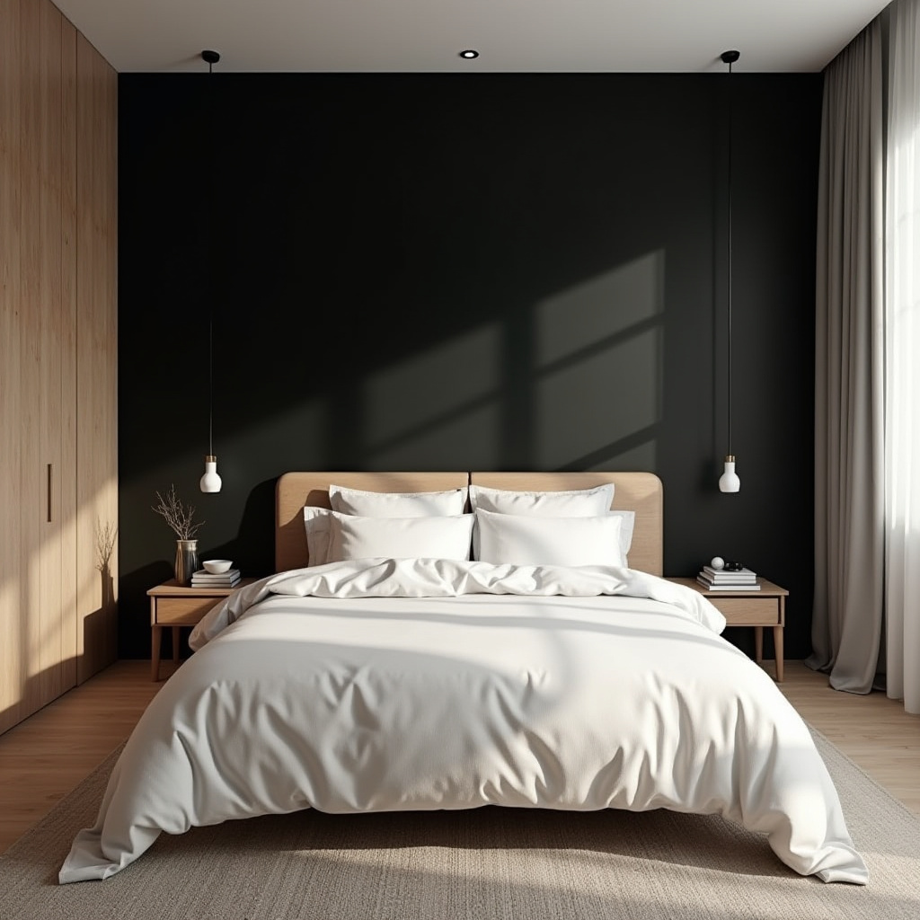 black accent wall bedroom with wood headboard 10