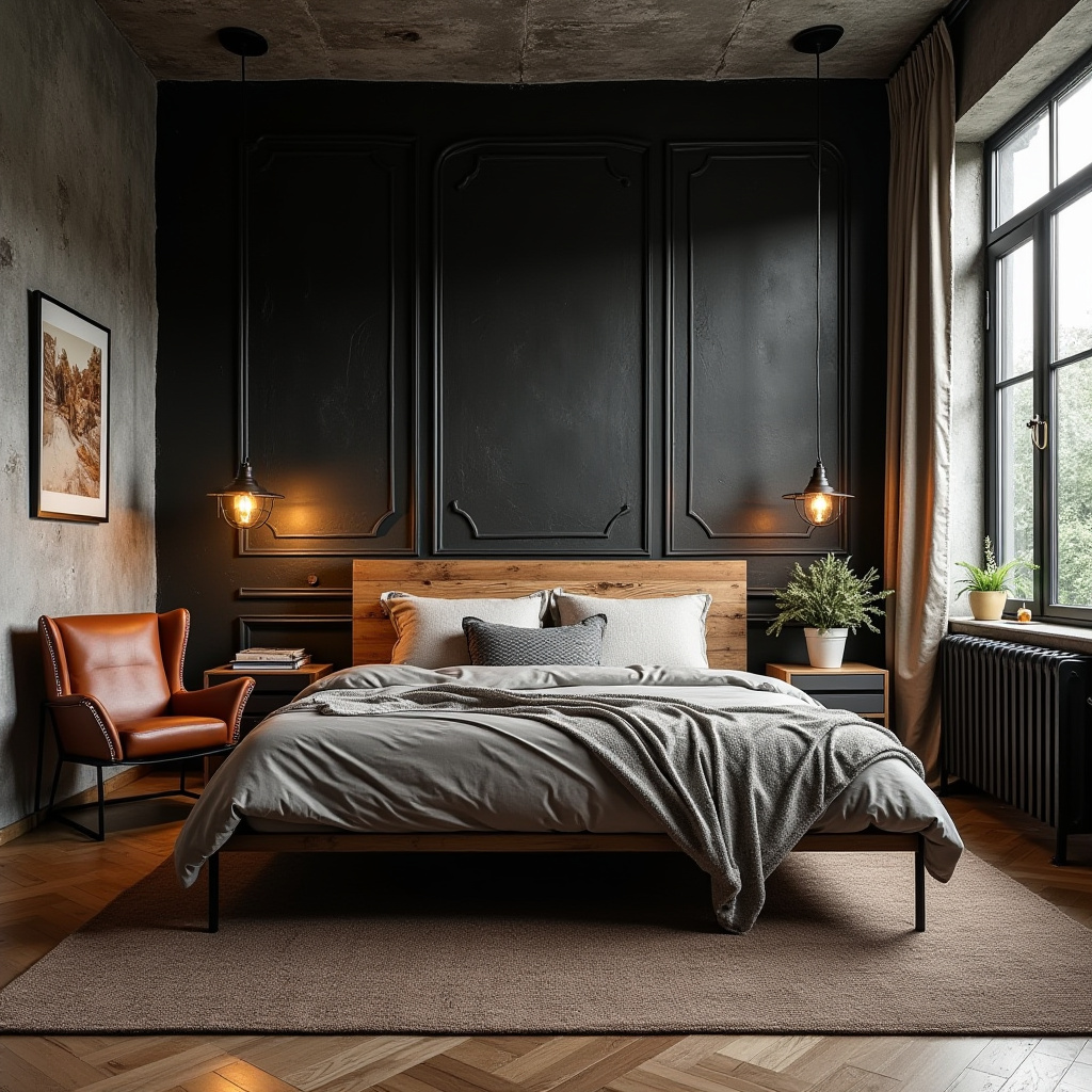 black accent wall bedroom with wood headboard 11