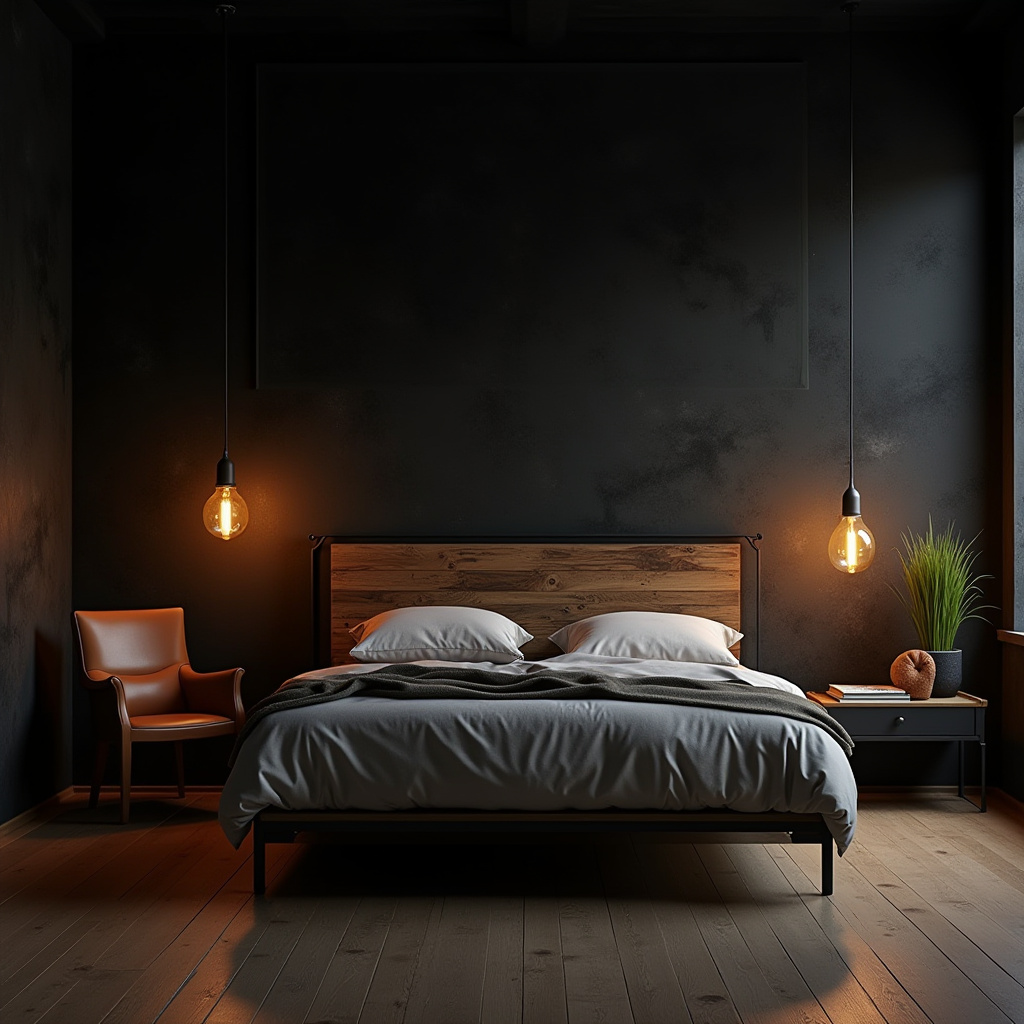 black accent wall bedroom with wood headboard 12