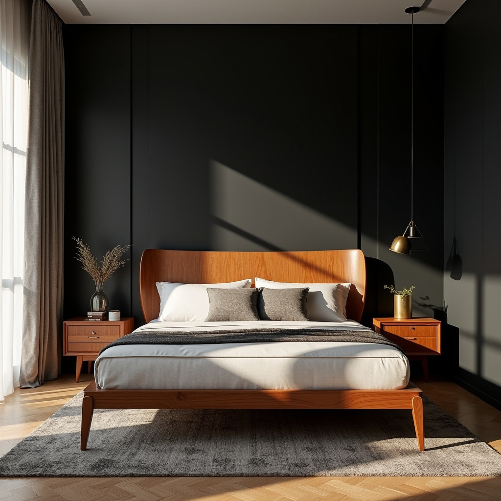 black accent wall bedroom with wood headboard 13
