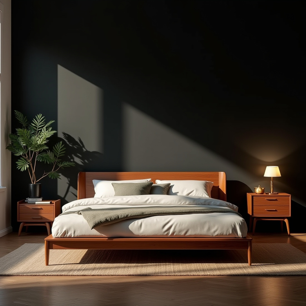 black accent wall bedroom with wood headboard 14