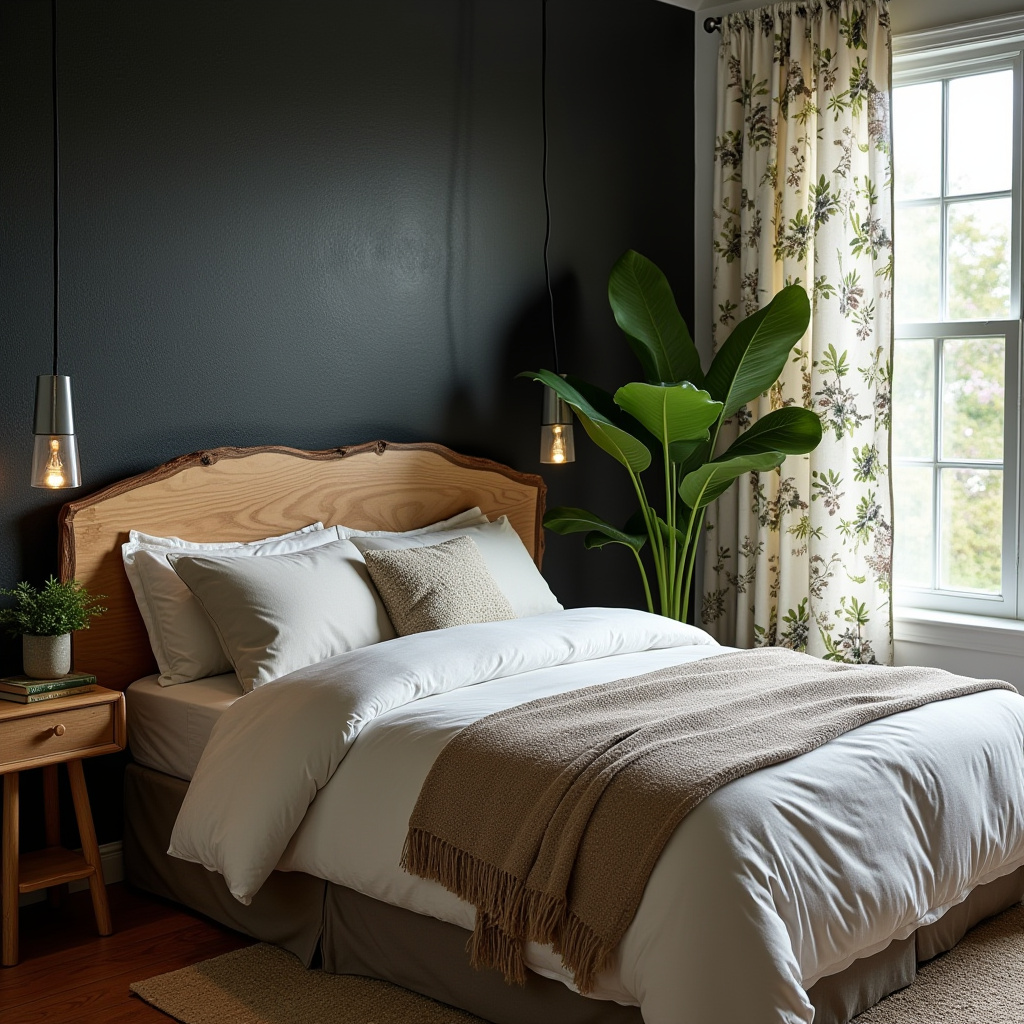 black accent wall bedroom with wood headboard 15