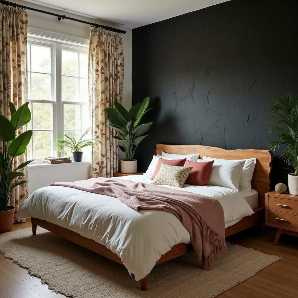 black accent wall bedroom with wood headboard 16
