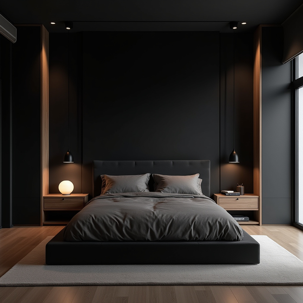 black accent wall bedroom with wood headboard 17