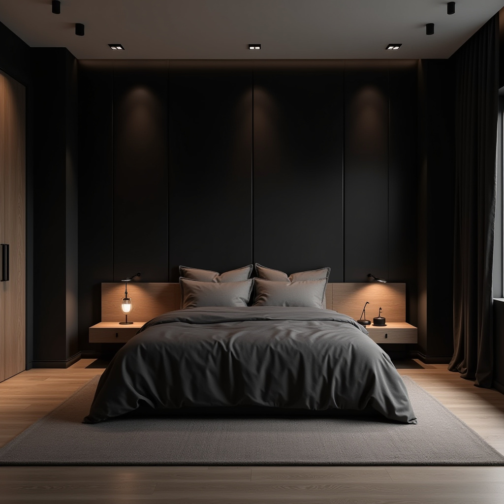 black accent wall bedroom with wood headboard 18