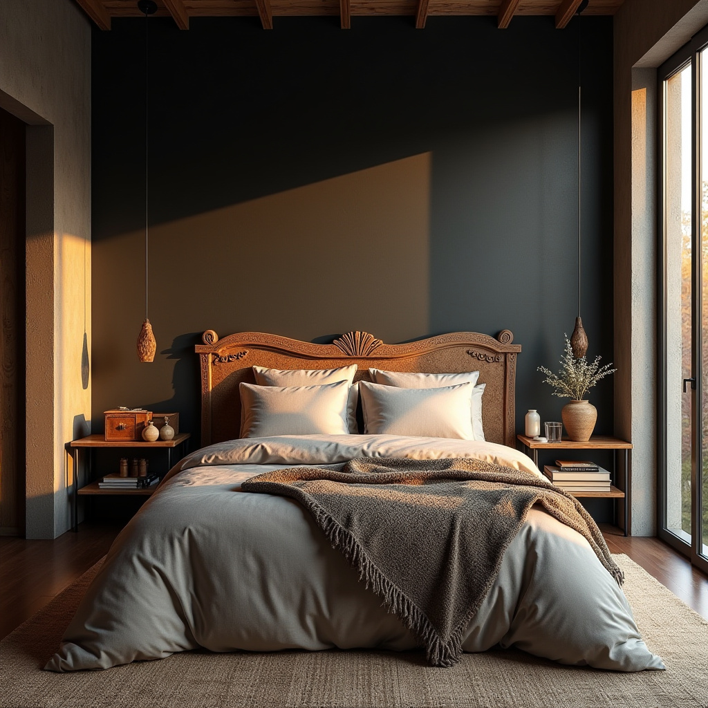 black accent wall bedroom with wood headboard 19