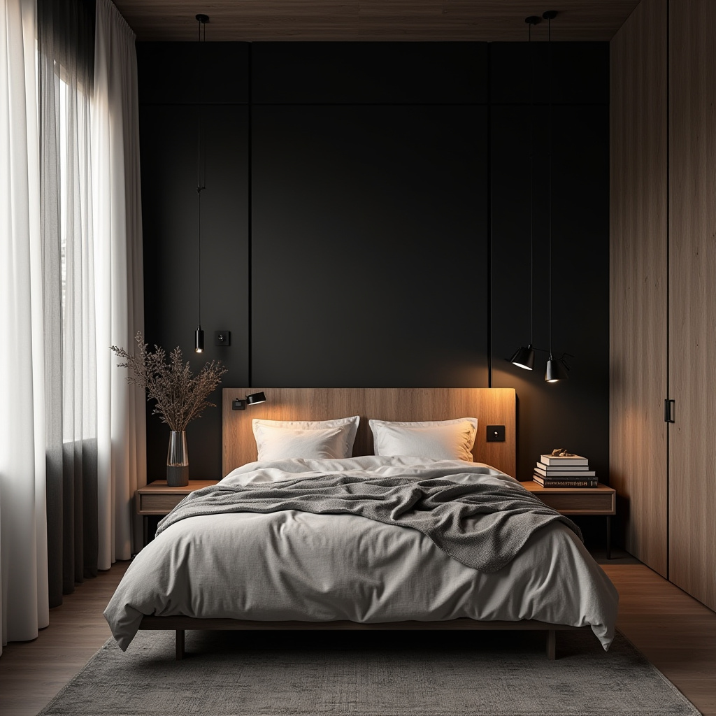 black accent wall bedroom with wood headboard 2