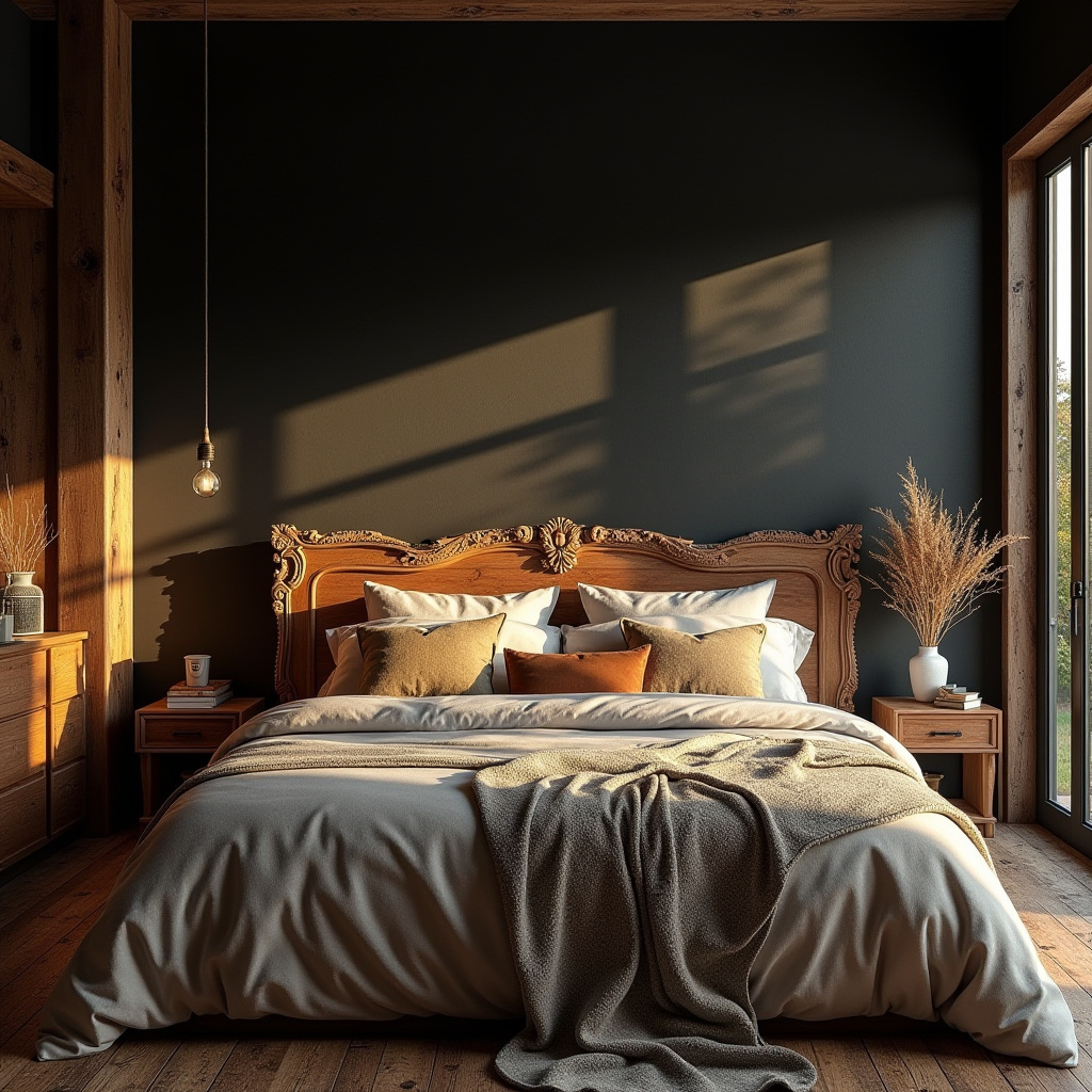 black accent wall bedroom with wood headboard 20