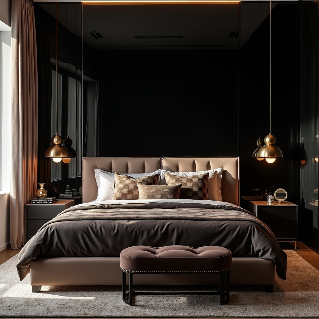 black accent wall bedroom with wood headboard 21
