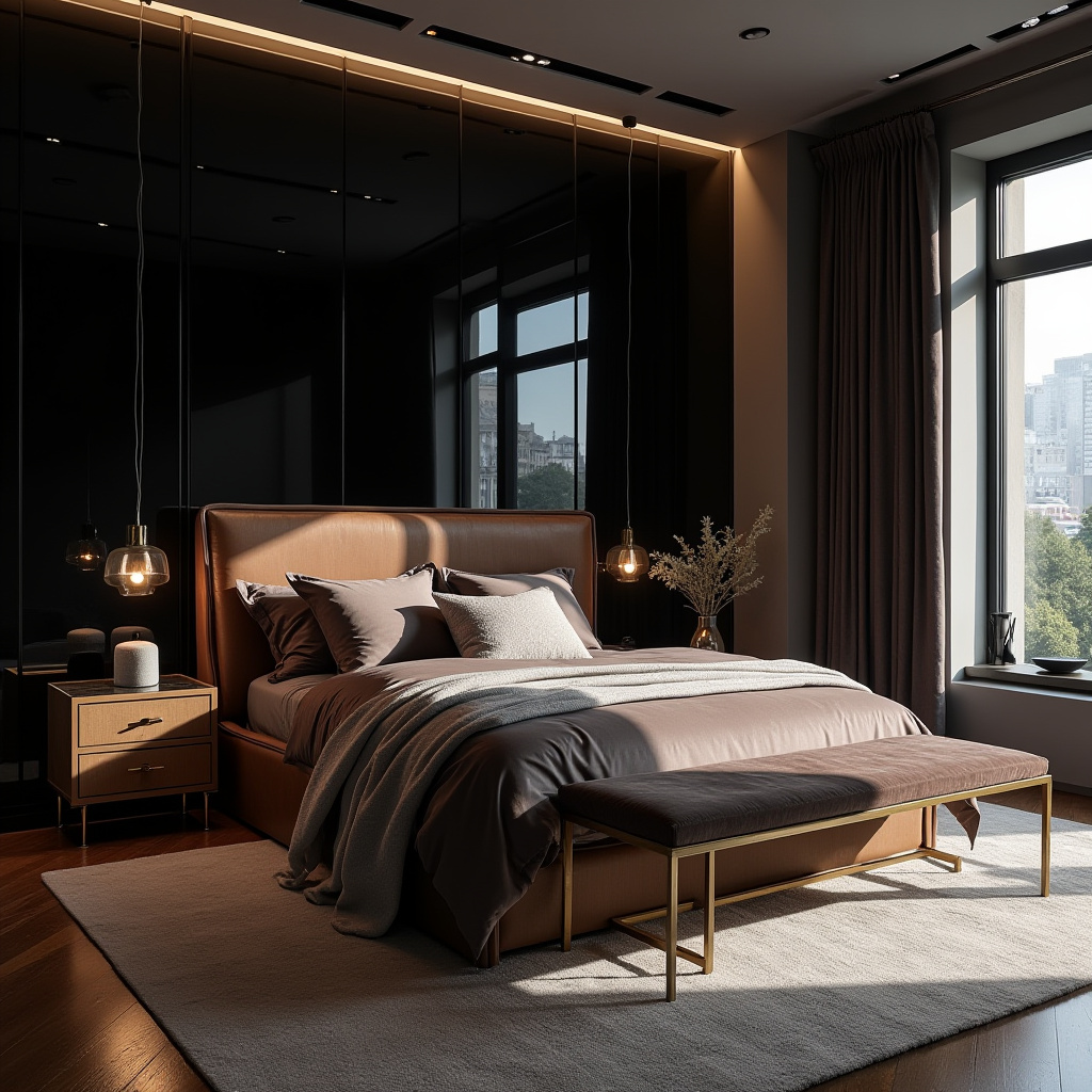 black accent wall bedroom with wood headboard 22