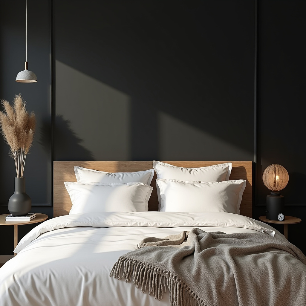 black accent wall bedroom with wood headboard 23