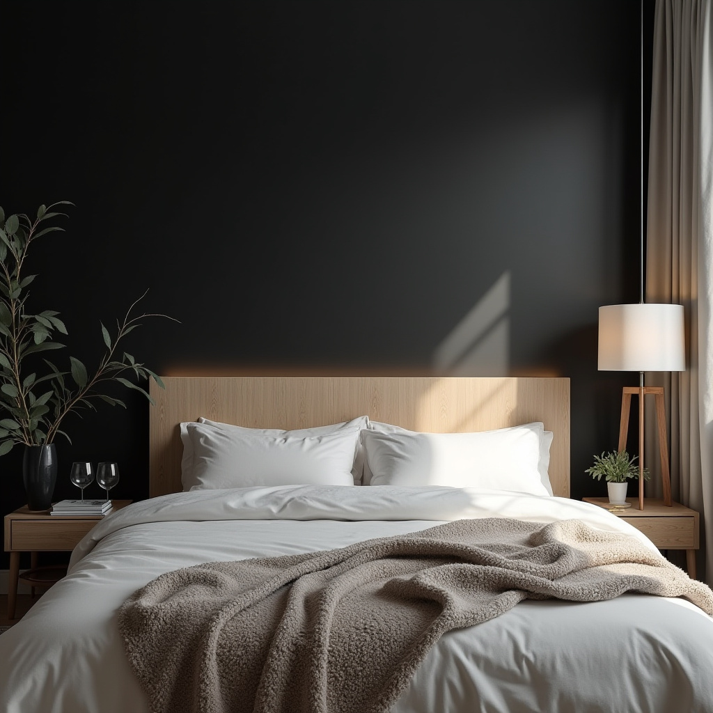 black accent wall bedroom with wood headboard 24