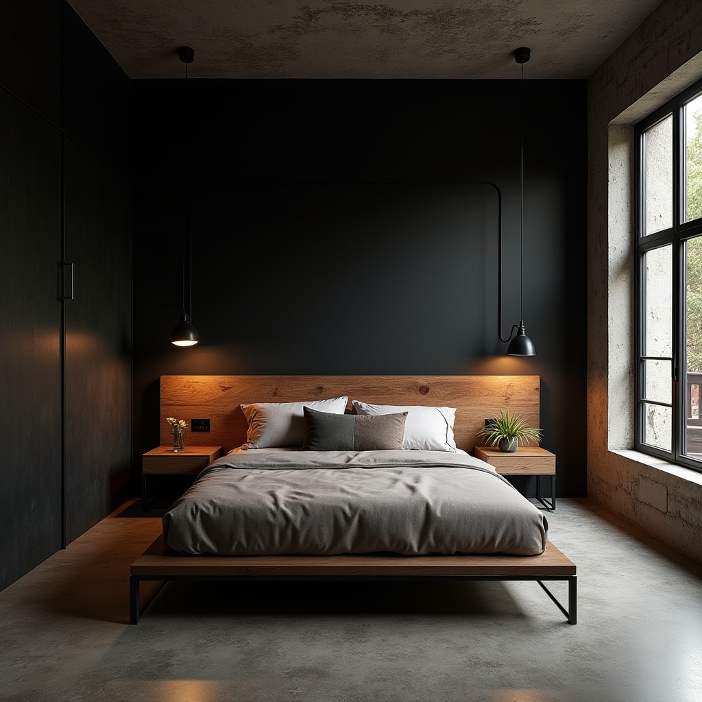 black accent wall bedroom with wood headboard 25