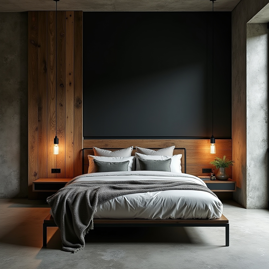 black accent wall bedroom with wood headboard 26