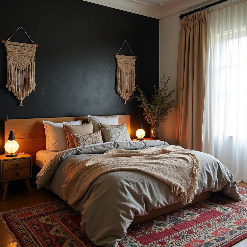 black accent wall bedroom with wood headboard 27