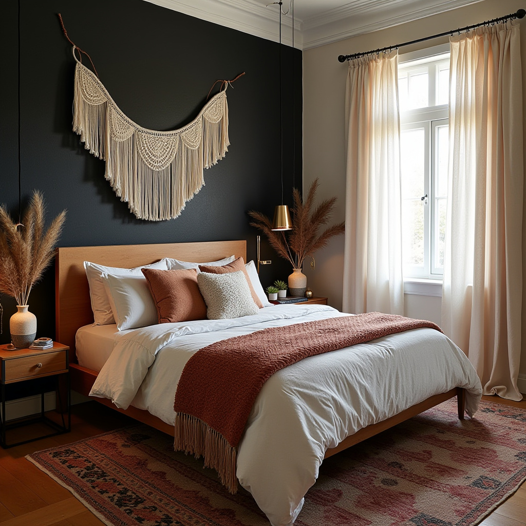 black accent wall bedroom with wood headboard 28