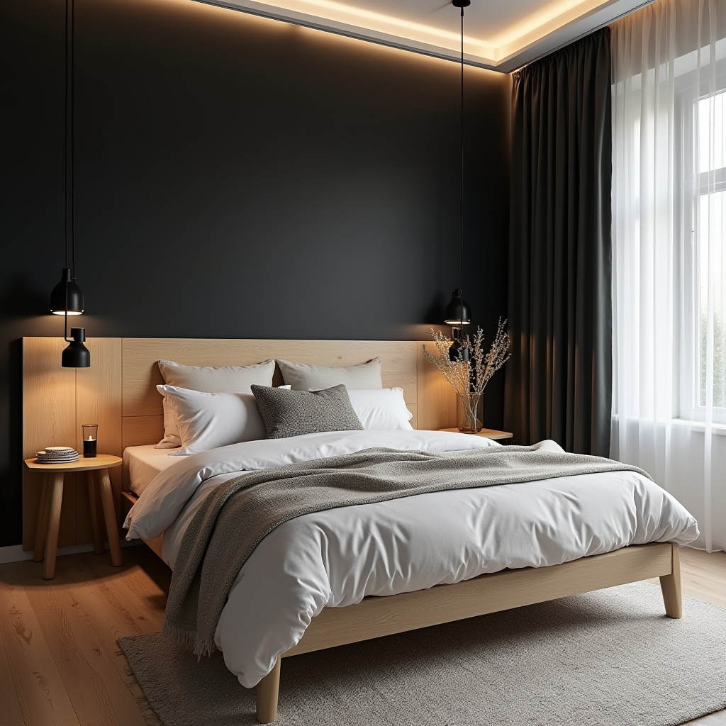 black accent wall bedroom with wood headboard 3