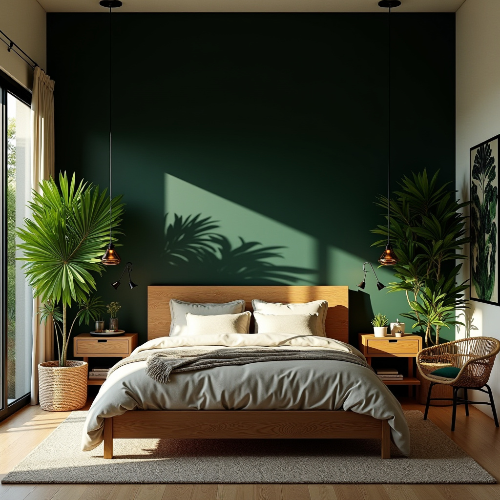 black accent wall bedroom with wood headboard 30