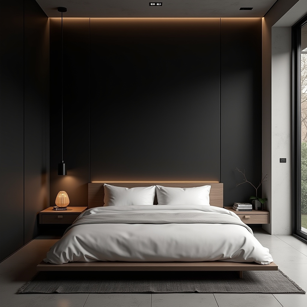 black accent wall bedroom with wood headboard 31