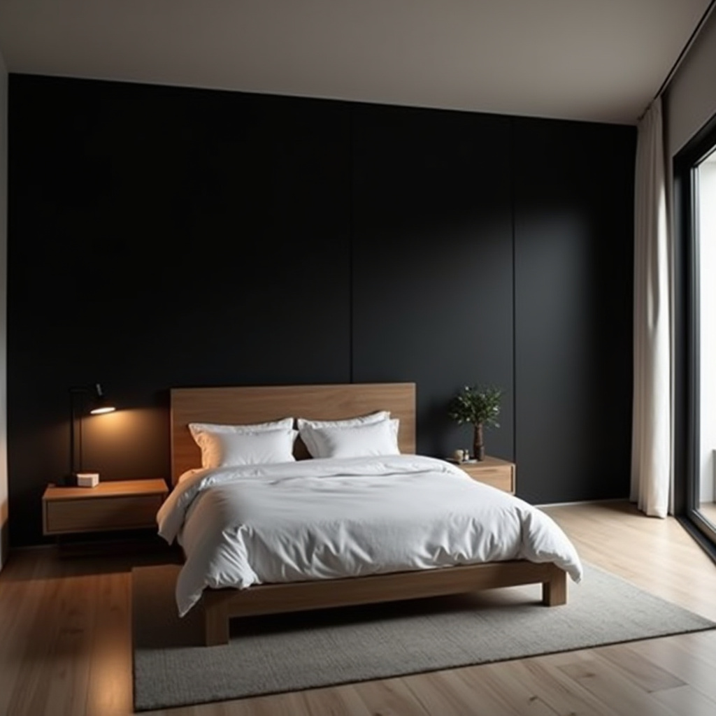 black accent wall bedroom with wood headboard 32
