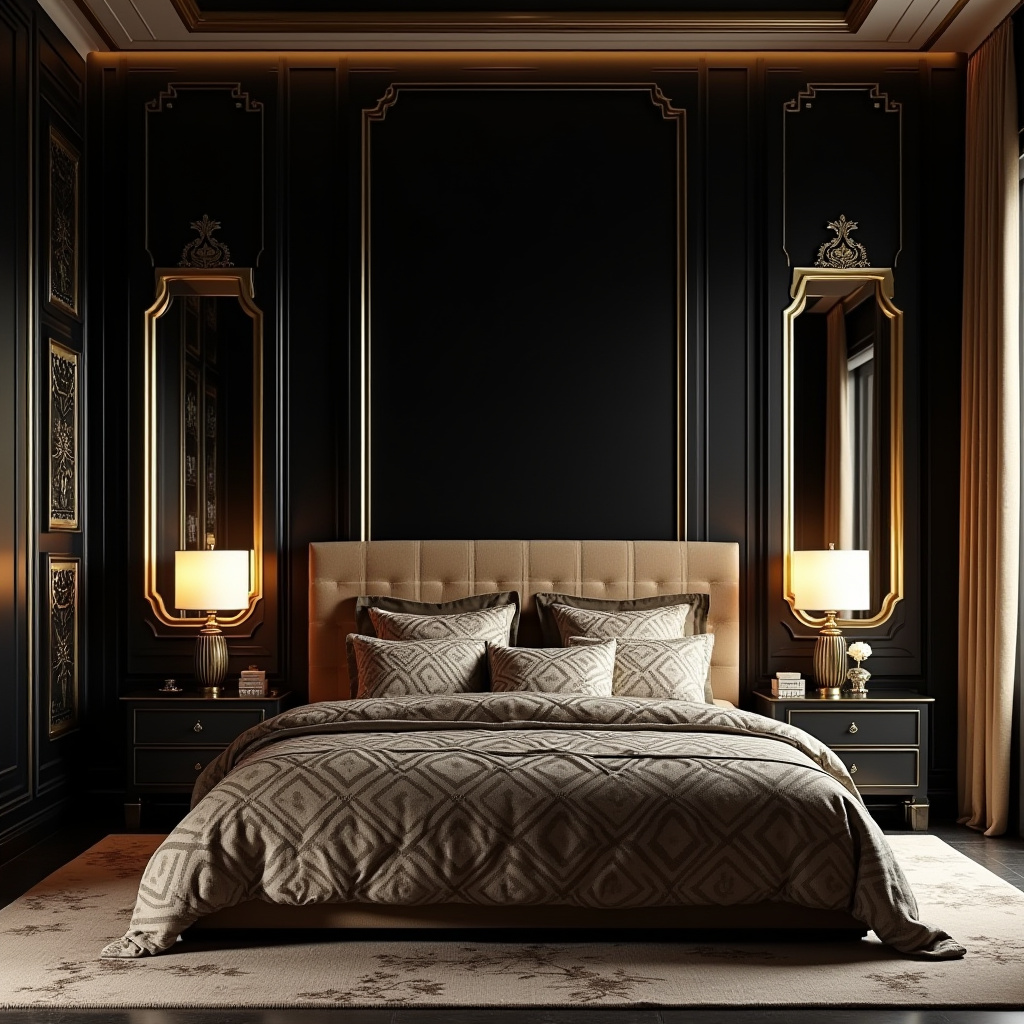 black accent wall bedroom with wood headboard 33