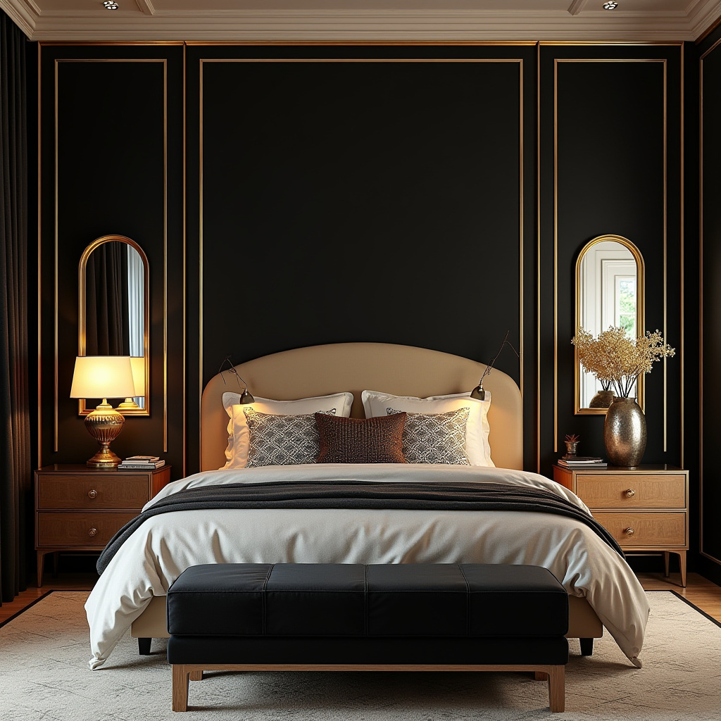 black accent wall bedroom with wood headboard 34