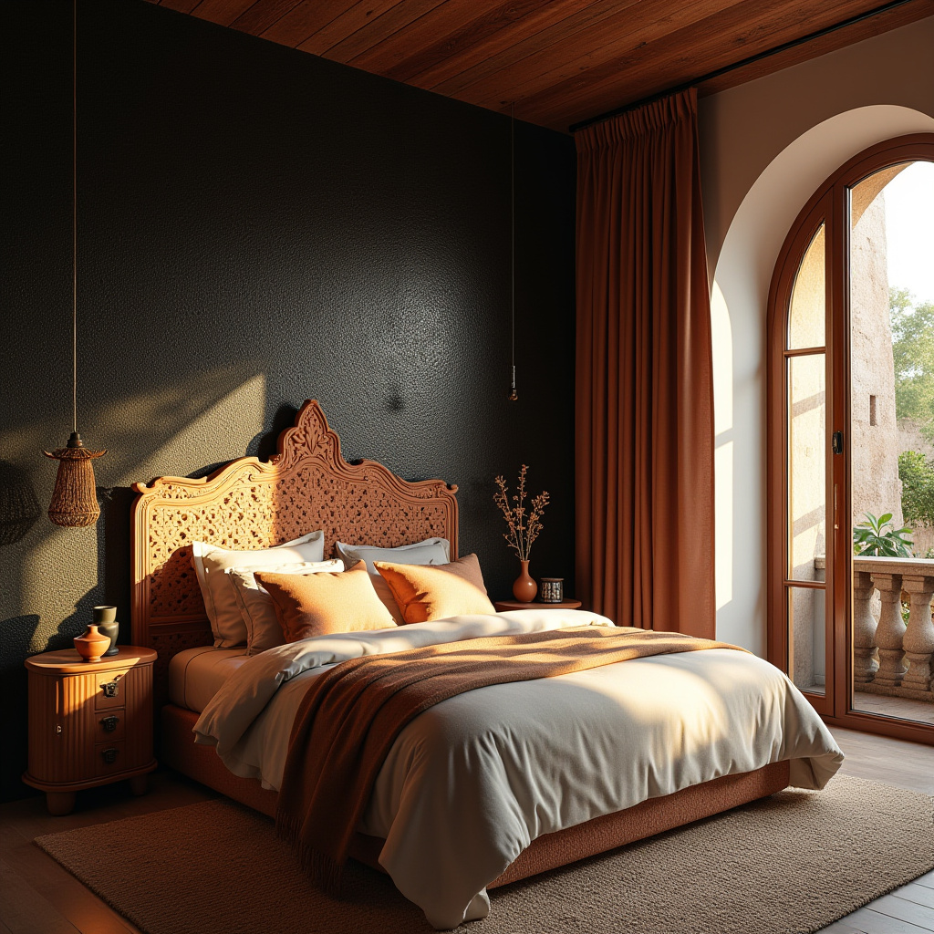black accent wall bedroom with wood headboard 37