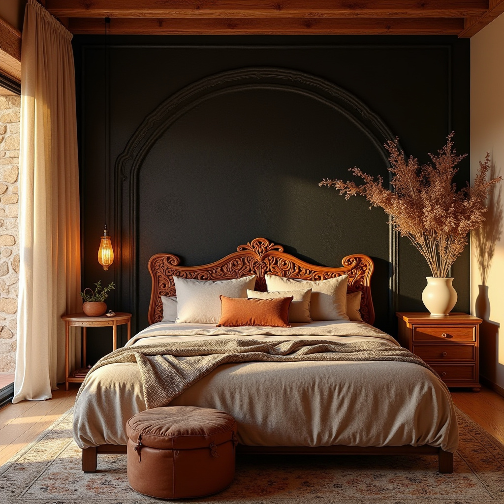 black accent wall bedroom with wood headboard 38