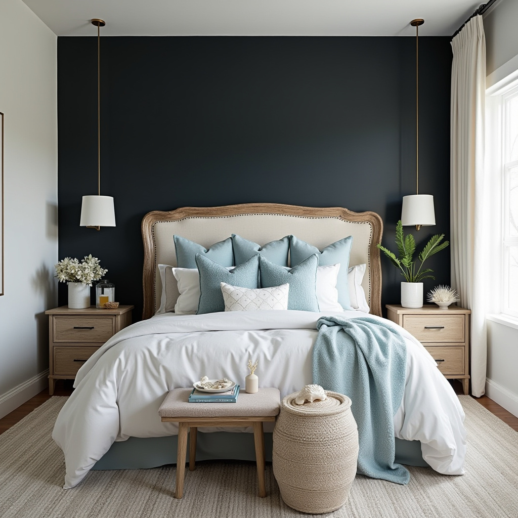 black accent wall bedroom with wood headboard 39