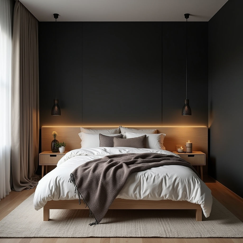 black accent wall bedroom with wood headboard 4