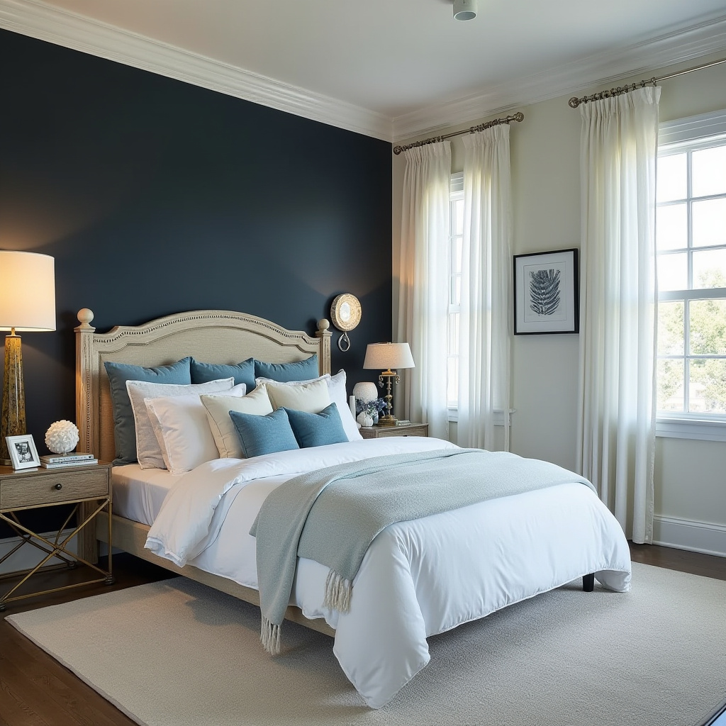 black accent wall bedroom with wood headboard 40