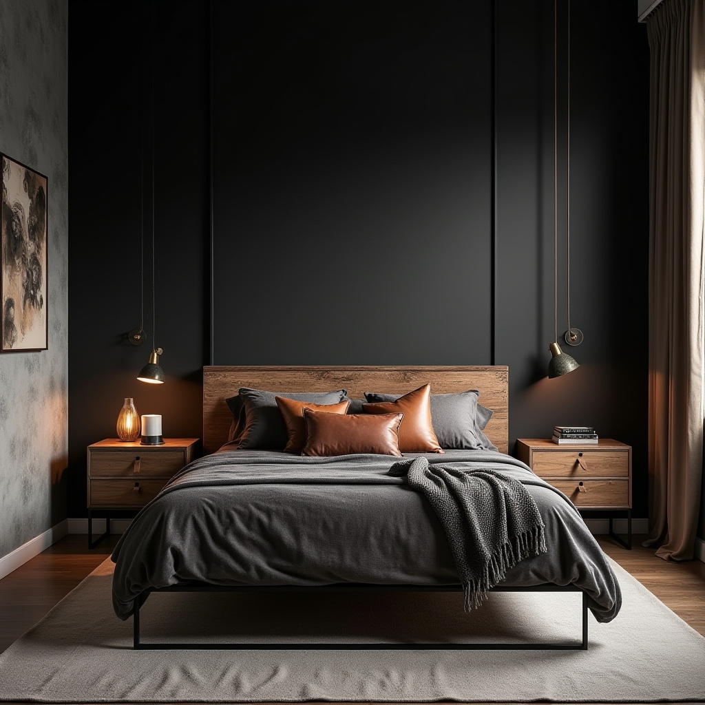 black accent wall bedroom with wood headboard 5