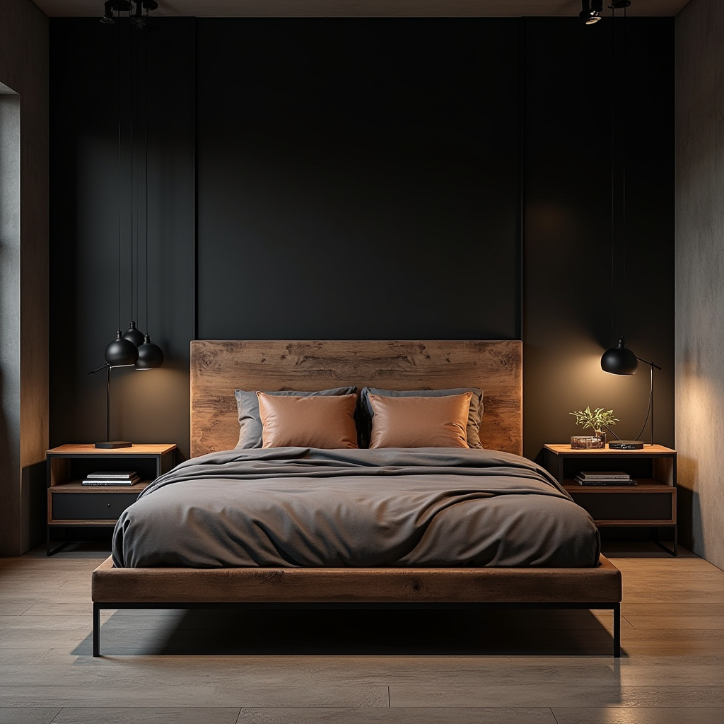black accent wall bedroom with wood headboard 6