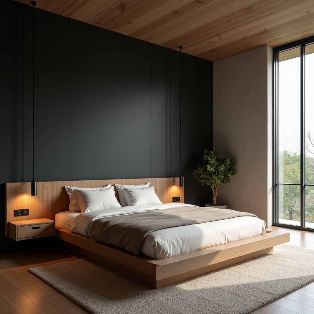 black accent wall bedroom with wood headboard 7