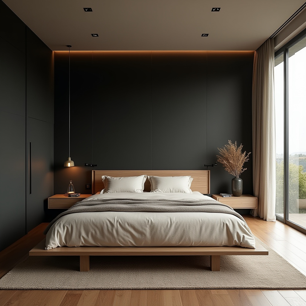 black accent wall bedroom with wood headboard 8