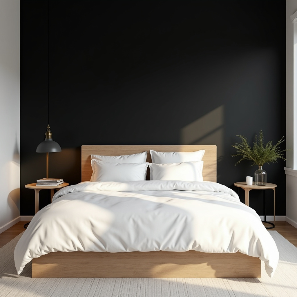 black accent wall bedroom with wood headboard 9