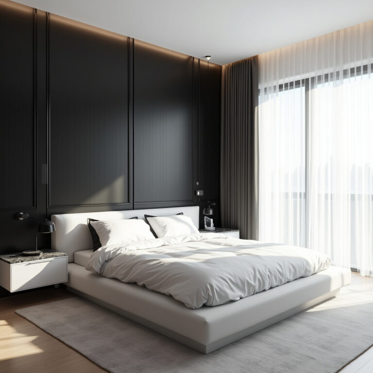 black wallpaper bedroom accent wall 1