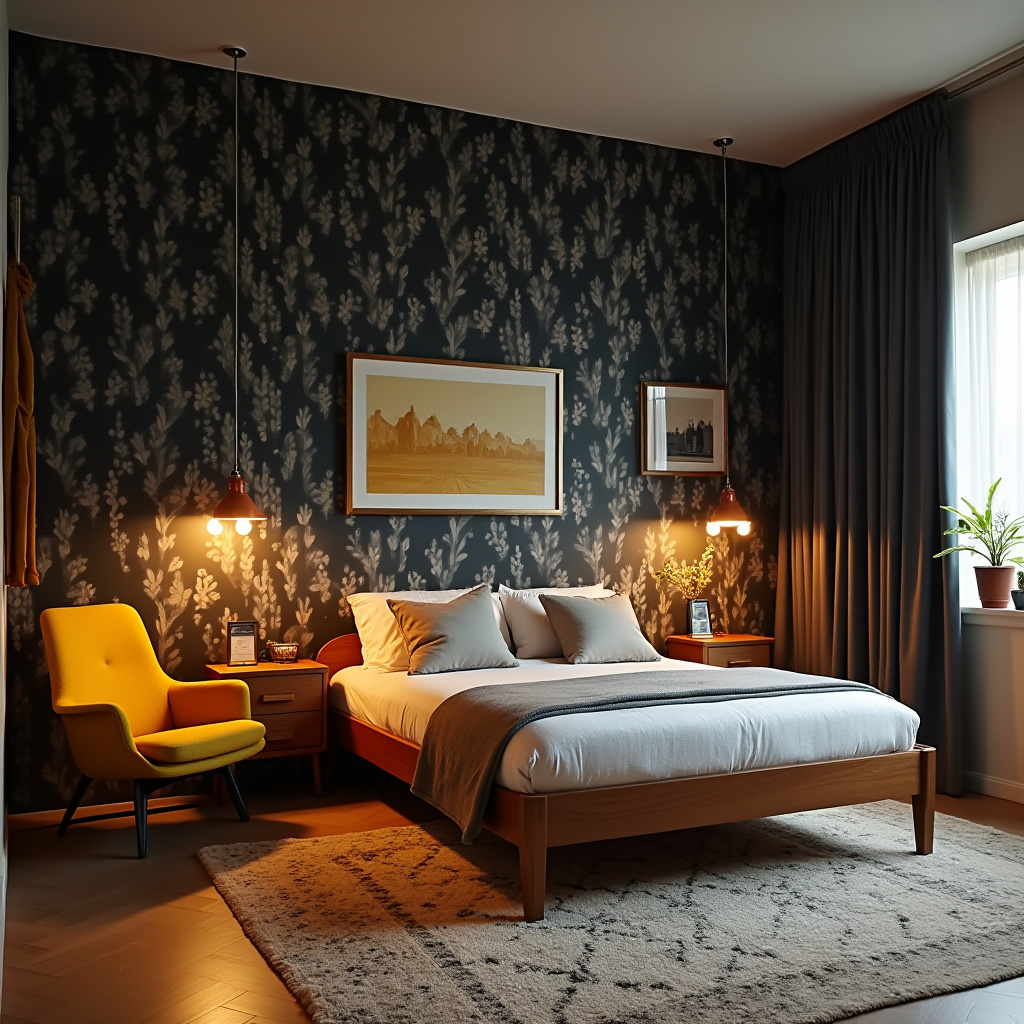 black wallpaper bedroom accent wall 13