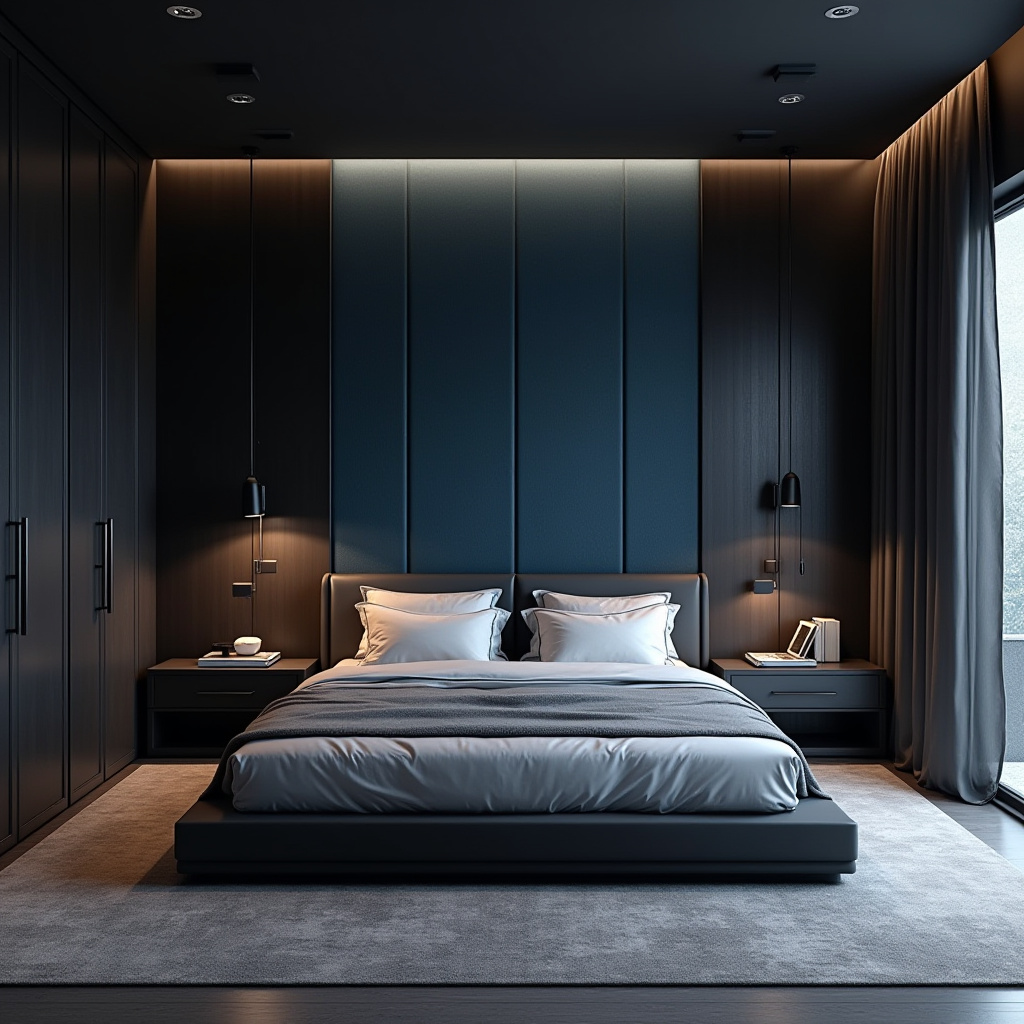 black wallpaper bedroom accent wall 39