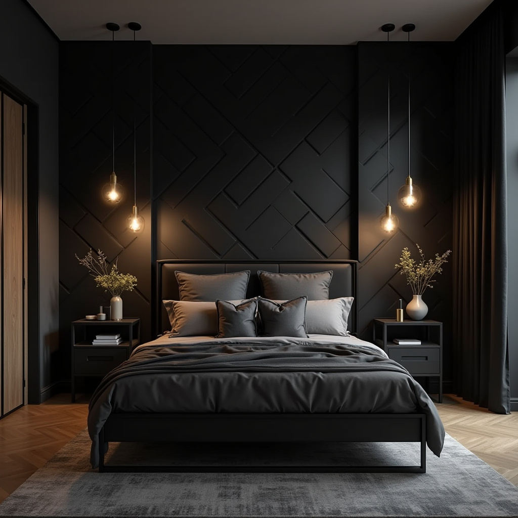 black wallpaper bedroom accent wall 4