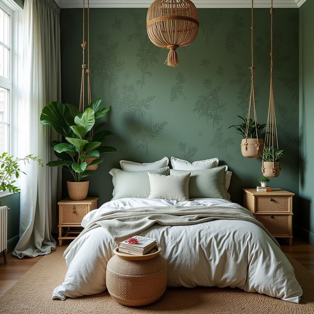 boho green bedroom accent wall 1
