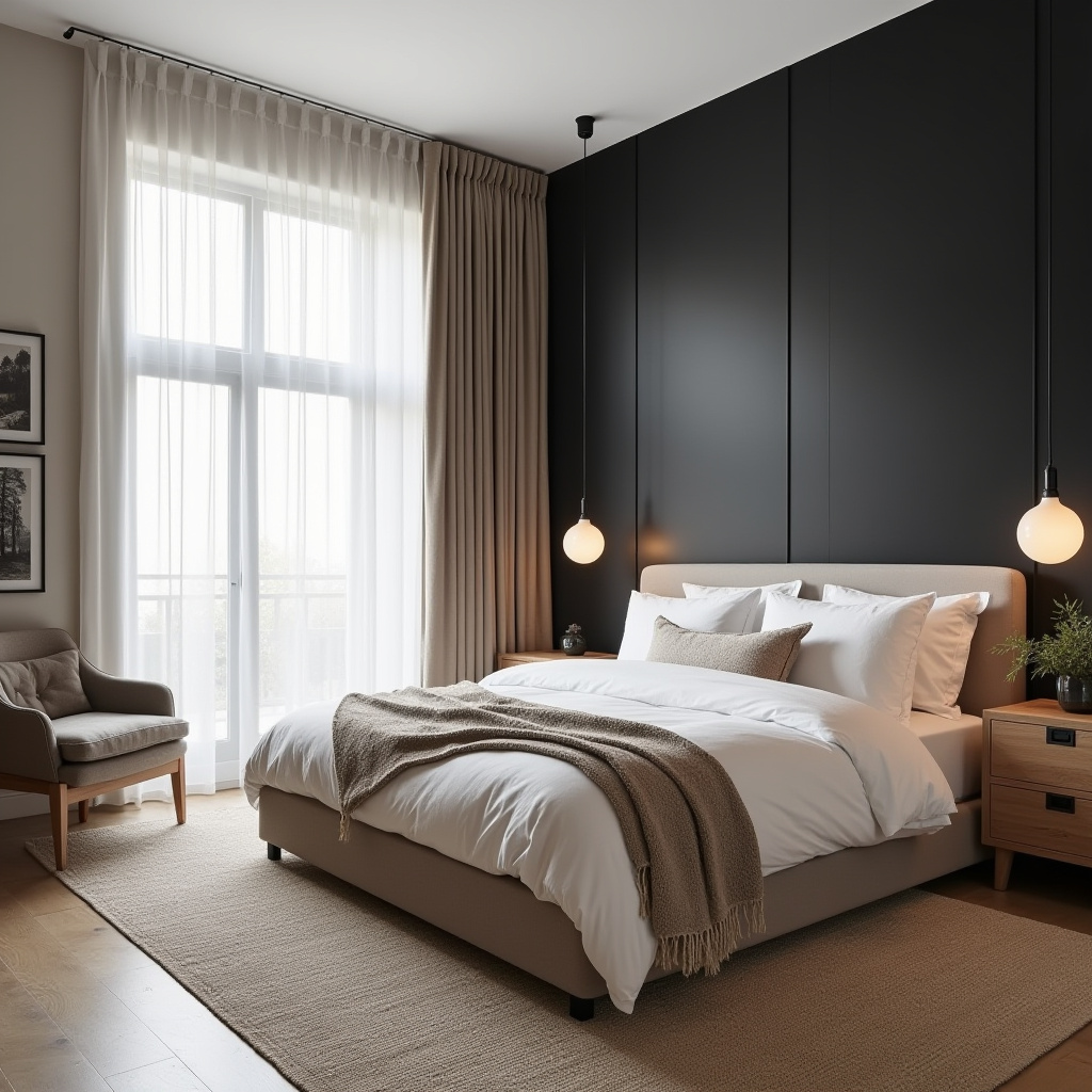 western bedroom with black accent wall 11