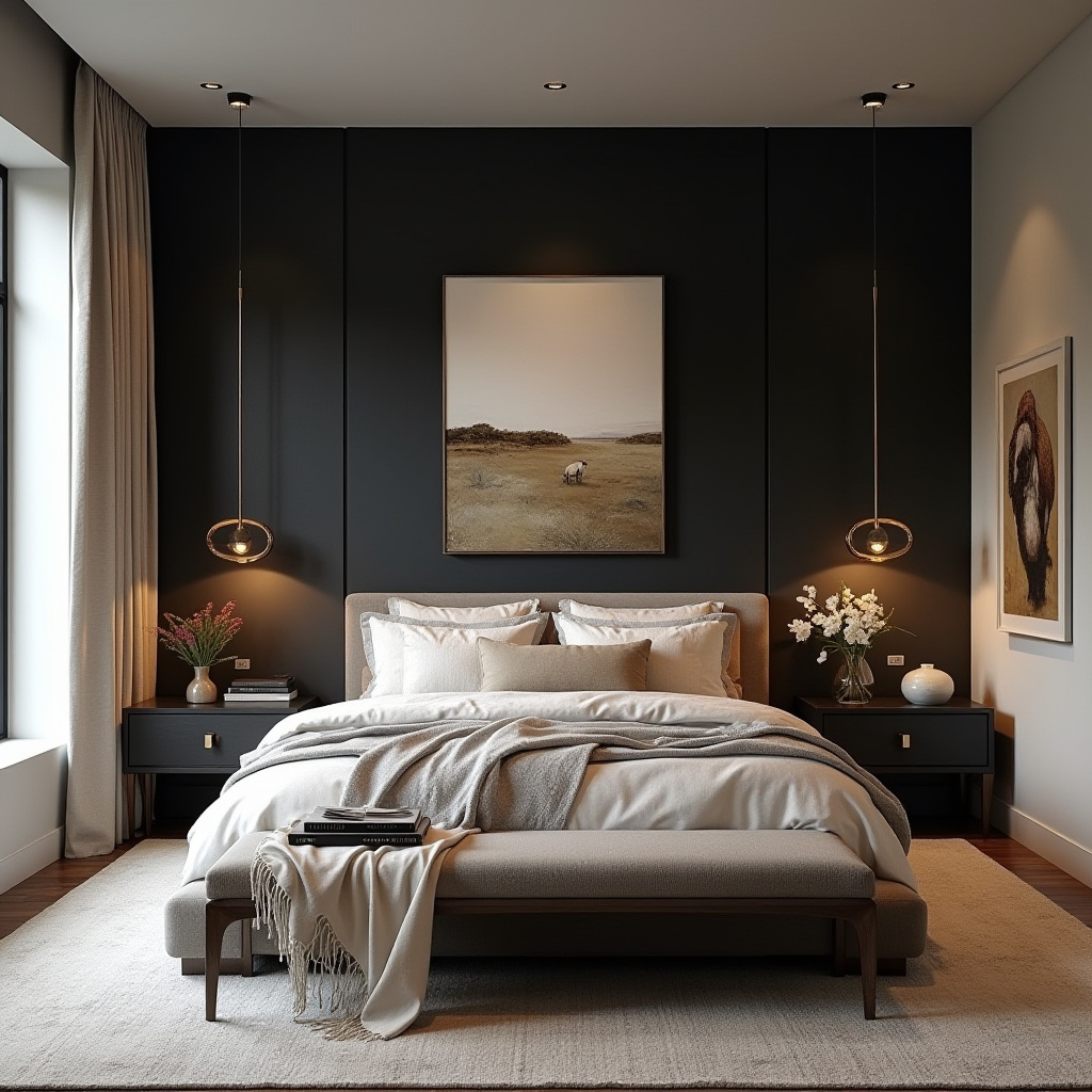 western bedroom with black accent wall 39