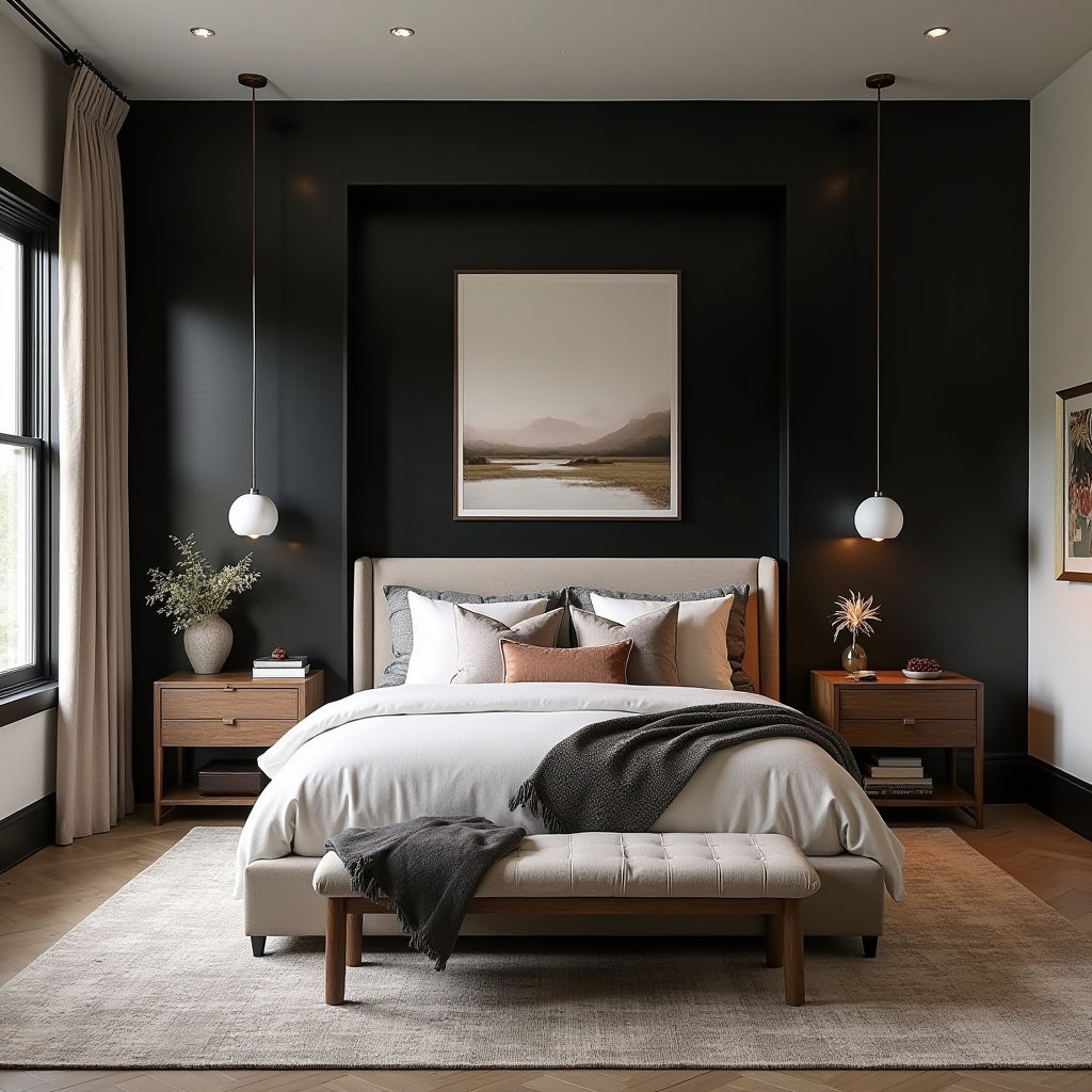 western bedroom with black accent wall 40